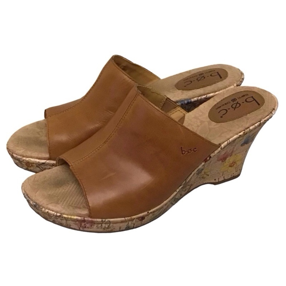 b.o.c. 10 Floral Wedge Cork Sandals Slip On Women’s Shoes Camel Color Boho